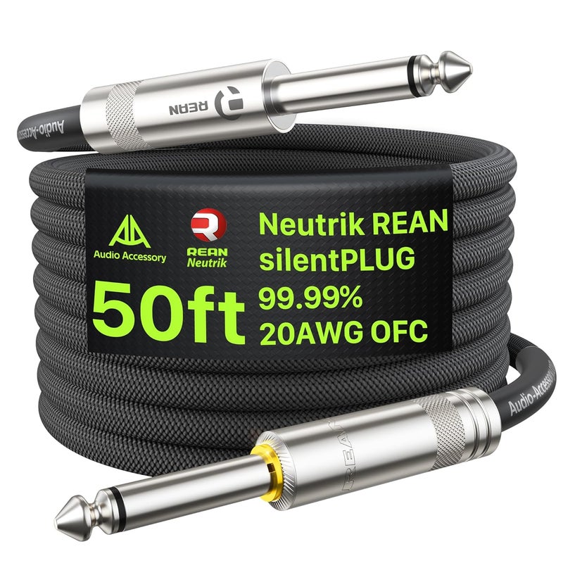 AA AUDIO ACCESSORY كابل جيتار صامت 50 قدم، موصل Neutrik REAN silentPLUG، معزز بكيفلار، مضفر من النايلون لمقاومة التواء، كابل آلة موسيقية 20 AWG 99.99% OFC 1/4، كابل مضخم محمي لجيتار الباس - Image 1